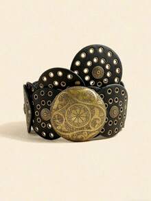 1pc Oversized Plus Size Women's Cowgirl Belt, Chunky Cowboy Belt, Bohemian Vacation Style Sexy Retro Cowgirl Personalized Metal Splice Hollow Round Buckle Belt, Suitable For Street Punk, Party, Music Festival