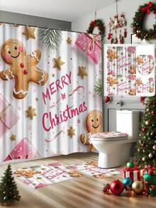 1 Piece/4 Pieces Christmas Scene Winter Decor, Pink Gingerbread Man, Snowflake, Christmas Shower Curtain, Modern Personalized Bathroom Christmas Decor, Waterproof Fabric Shower Curtain Set With 12 Hooks, Non-Slip Bathroom Rug, U-Shaped Toilet Mat, Toilet Lid Cover, Christmas Home Decor. Bathroom Decor
