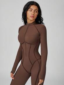 MASKERT 女士瑜伽连体衣，带可拆卸胸垫，速干，高弹，亲肤舒适 - 巧克力棕 - 查看 5