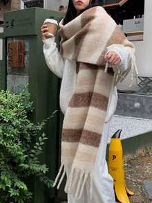 1 chiếc khăn choàng lông cừu ấm áp họa tiết kẻ sọc nhiều màu thời trang dành cho nữ, khăn choàng chống gió phong cách Bohemian thường ngày cho cặp đôi, khăn choàng ấm áp thích hợp mặc hàng ngày, mặc vào mùa thu/đông - nâu và trắng - Xem 4