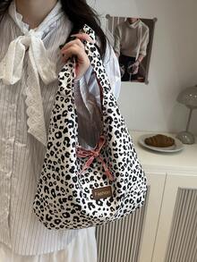 1pc Leopard & Plaid Pattern Polyester Large Capacity Reversible Tote Bag, Suitable For Casual Outings And Shopping In Autumn/Winter - Black and White - View 4
