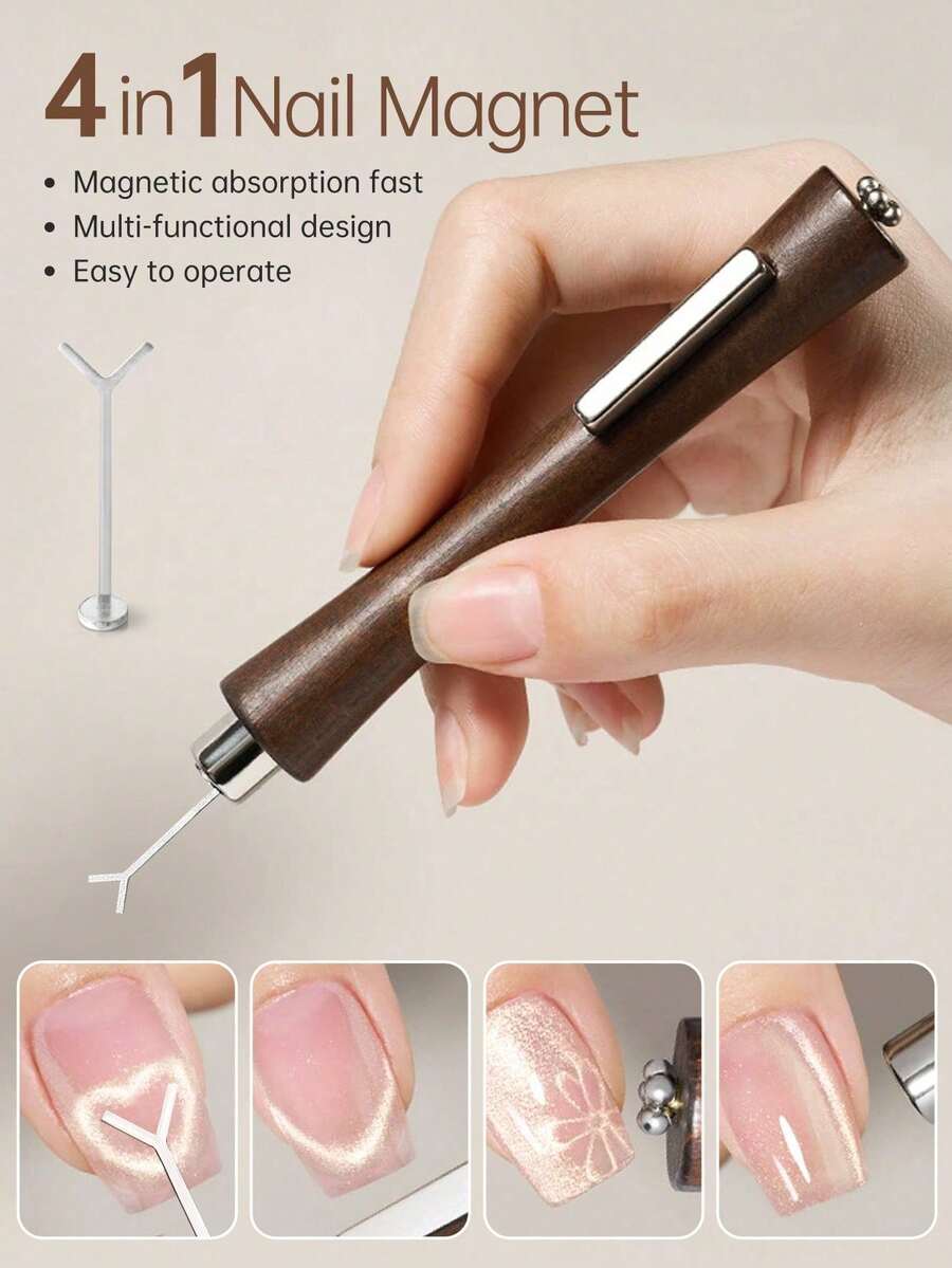 四合一猫眼凝胶美甲磁铁 + Y型银色猫眼工具套装，多功能深棕色小腰艺术设计UV凝胶抛光花朵美甲工具磁铁，方便易握，适合家庭美甲沙龙使用，可作为朋友礼物、女性礼物、万圣节用品、旅行用品、圣诞节用品。
