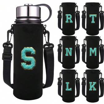 1pc 550-1500ML Sports Water Bottle Case Insulated Bag Crossbody Cup Protector Sleeve With Strap Adjustable Carrier For Mug Bottle Holder With Letters A-Z