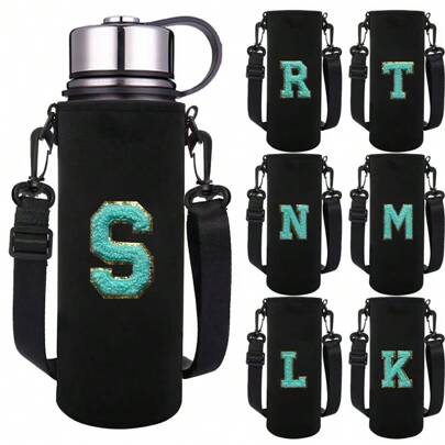 1 pièce Étui isotherme pour bouteille d'eau de sport 550-1500 ml, sac bandoulière, protecteur de tasse avec sangle réglable, porte-bouteille avec lettres A-Z