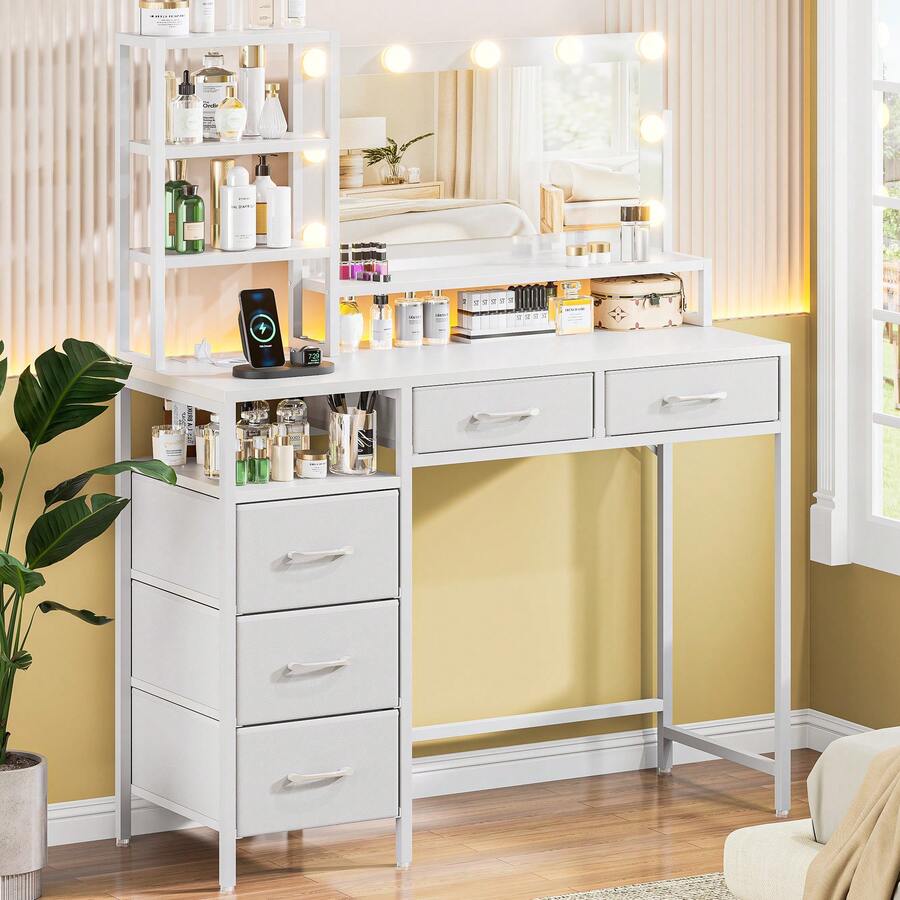Vanity Desk With Mirror And Lights, 3 Color Modes With Adjustable Brightness, 5 Spacious Fabric Drawers & Open Storage Shelves, Modern Makeup Vanity Table For Bedroom - 查看 1