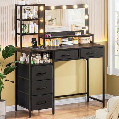 Vanity Desk With Mirror And Lights, 3 Color Modes With Adjustable Brightness, 5 Spacious Fabric Drawers & Open Storage Shelves, Modern Makeup Vanity Table For Bedroom