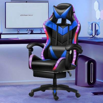 Cadeira Gamer NSY Ergonômica Com Multicores Led Rgb Iluminação Escritório 90° A 150° Reclinável Com Apoio De Pés Altura Ajustável Cor Azul E Preto