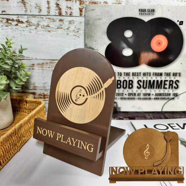 1 pieza Soporte de almacenamiento de discos de vinilo "Now Playing", estante de madera para exhibición de álbumes de vinilo, accesorios "Now Spinning" de madera para tocadiscos, estante de almacenamiento de madera para accesorios de tocadiscos para decoración del dormitorio y la sala de estar para amantes del vinilo