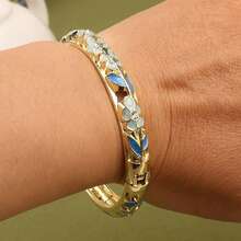 Enamel Bracelet With Hollow Leaf & 3 Floral Rhinestone Inlaid, Slim Openable Vintage Style Jewelry For Women (Batch Color May Vary Slightly Due To Handpainted Crafting)