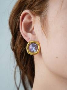 Frminee 1 Cặp bông tai đính đá Zirconia bằng thép không gỉ mạ vàng 18K cổ điển, Phụ kiện trang sức nữ, Trang sức phương Tây, Bông tai đính đá Zirconia khối trang trí, Hoàn hảo cho phụ nữ đeo như một phụ kiện hàng ngày hoặc quà tặng đám cưới - Màu tím - Xem 5