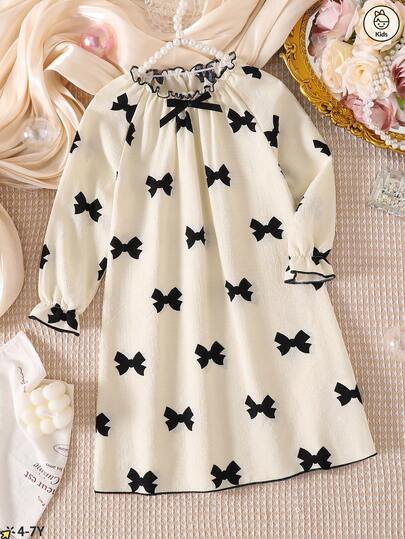 This Sweet And Fashionable Casual Long-Sleeve Loungewear Is Designed For Girls, Featuring A Bow Print Round Neck And Gathered Hem, Creating A Comfortable Princess Style, Perfect For Wearing At Home, Reading, Resting And Relaxing. It Also Makes A Suitable Gift For Children Or Friends.