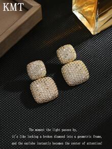 KMT 2pcs Copper Alloy Cubic Zirconia Inlaid Splicing Square High-End Fashion Earrings For Women, Suitable For Party, Daily Wear, And Dating