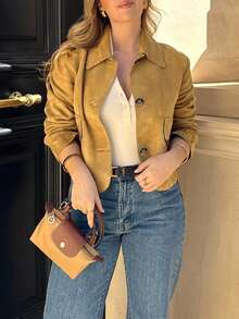 Women's Solid Color Versatile Short Long Sleeve Fleece Lined Double Collar Jacket, New Style