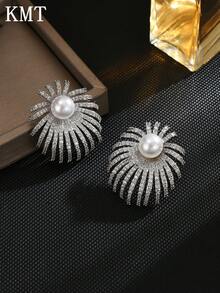 KMT 2pcs Copper Alloy Inlaid Cubic Zirconia & Faux Pearl Exquisite Sparkling Geometric Exaggerated Elegant Women's Fashion Earrings, Suitable For Banquet, Party, Engagement - Fireworks - View 7
