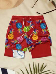 Men's Fashionable Pineapple & Donut Print Double Layer Beach Shorts - Red - View 2