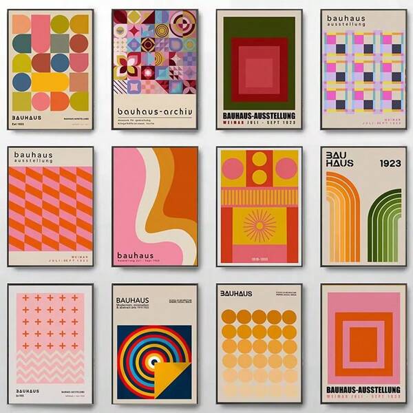 1pc Optional Wooden Frame Abstract Bauhaus Geometric Canvas Art Decoration - Pink And Orange Color Block Posters, Retro Nordic Style Wall Decoration, Suitable For Living Rooms, Bedrooms, Home Offices, Dormitories, Painting Wall Decoration, Home Wall Decoration