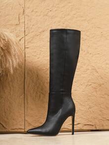 2025 秋冬女式性感时尚纯色尖头细高跟休闲百搭侧拉链黑色及膝靴 - 黑色 - 查看 7