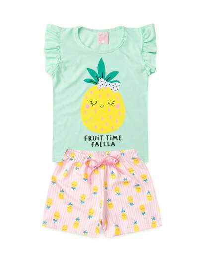 Conjunto Infantil Verão Feminino Babado Fruit time - Verde