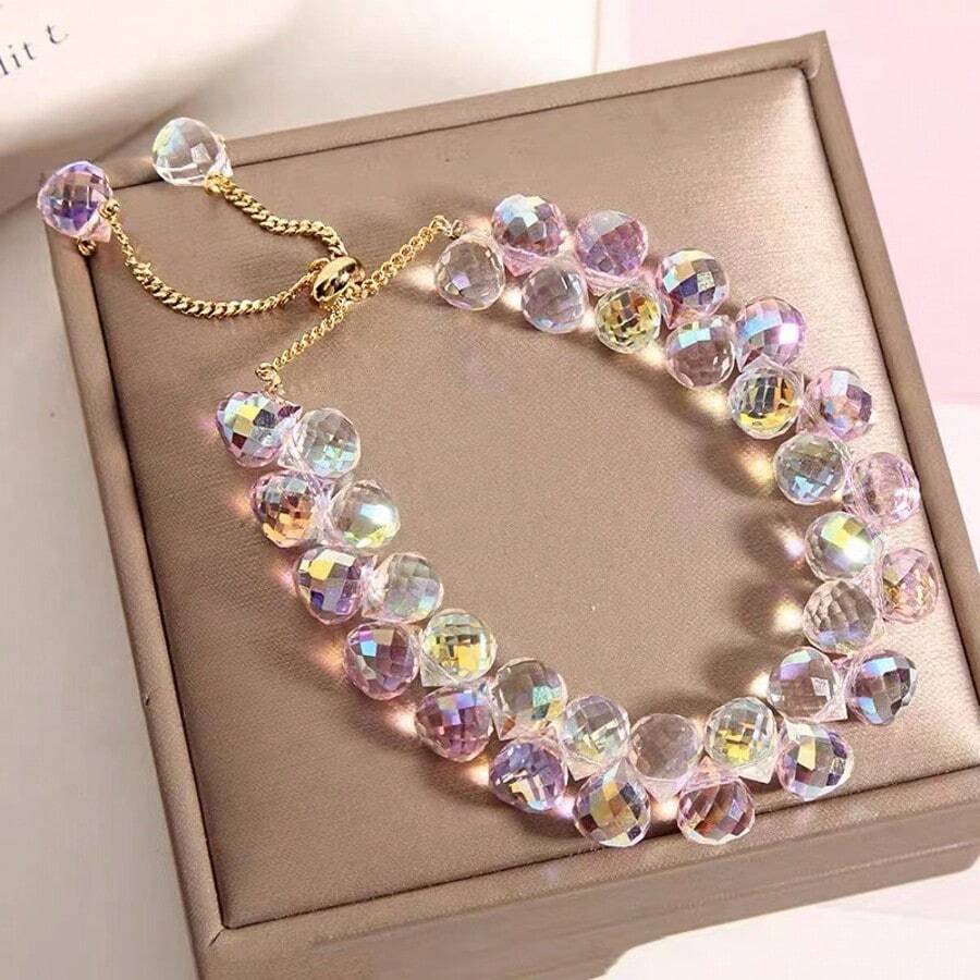 Fashion Colorful Imitation Crystal Bracelet For Women Girls Exquisite Sparkling Stone Beads Rope Chain Strand Bracelets Jewelry - Pink - View 1