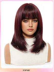 Atmungsaktive und bequeme 14-Zoll-Bob-Perücke mit Pony, burgunderrot, gerade, schulterlang, Perücken für Frauen, hitzebeständiges synthetisches Haar, für Alltag, Party, Festival