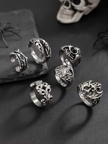 6 件朋克风格骷髅和星星设计戒指套装，适合男士日常休闲佩戴