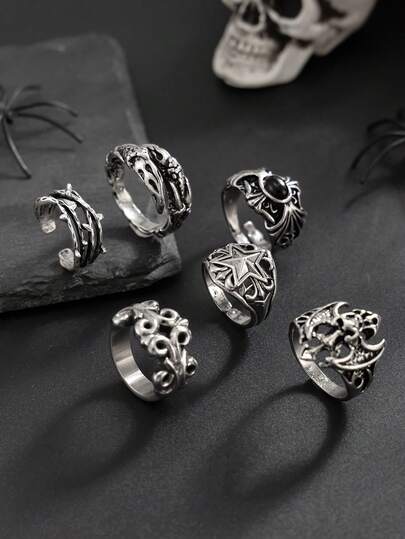 6pcs Fashion Street Punk Style Skull & Star Rings Set, Men's Daily Casual Wear, Do Not Get Wet