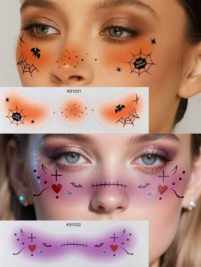 2 张万圣节临时纹身贴纸 - 防水假雀斑化妆贴和面部纹身，易于粘贴和去除，持久贴合女性身体艺术