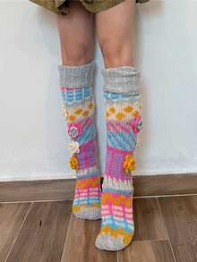 Women's Thigh High Socks Over The Knee Cable Knit Boot Socks, Boho 3D Flower Multicolour Embroidery Long Stcokings Winter Warm Christmas Holiday Leg Warmers - Grey - View 2