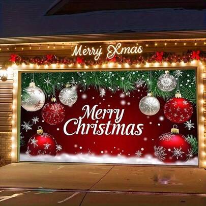 1 件圣诞车库门横幅，大型布艺门罩装饰，适合节日壁画，无需电源，非常适合拍照亭、婚礼、派对和节日活动