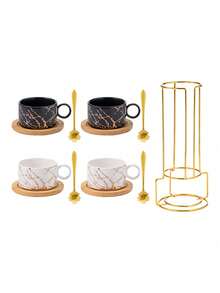 4pcs/Set Ceramic Marble Coffee Cup Set With Gold Stand, Including 4 Cups, 4 Saucers, 4 Spoons, Available In Turquoise Flower Design, 180ml Cappuccino/Latte Cups With Marble Pattern In Black Or White, Handled Espresso Cups