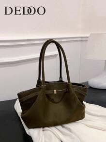 Dedoo 1个FEISTURE仿麂皮手提包，大容量纯色成熟优雅女士手提包，复古风格工作包，适合女孩、女性、大学生、上班族 - 墨綠色 - 查看 3