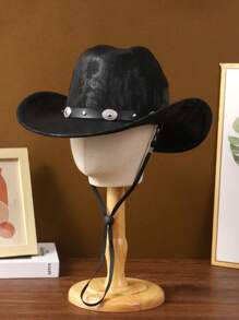 1pc Men's/Women's Black Cowboy Hat With Bull Head Decor & Windproof Chin Strap - Ideal For Western-Themed Events, Rodeos, Outdoor Adventures