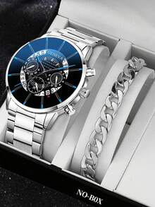 2 Pieces/Set, 1 Silver Stylish Men's Calendar Quartz Watch + 1 Classic Simple Cuban Bracelet - Silver - View 1