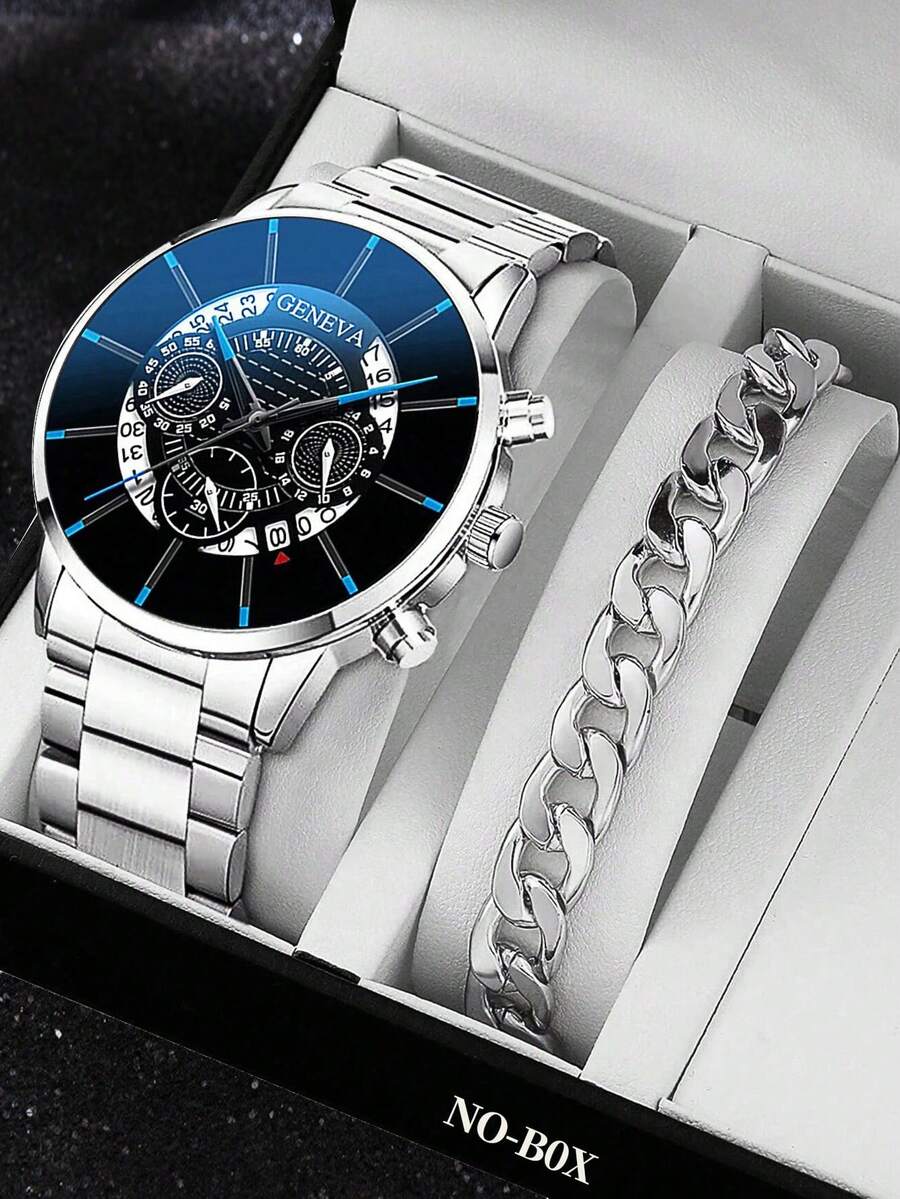 2 Pieces/Set, 1 Silver Stylish Men's Calendar Quartz Watch + 1 Classic Simple Cuban Bracelet - Silver - View 1