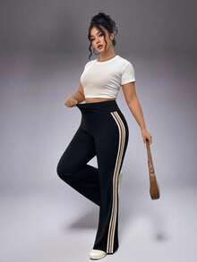 加大码女式高腰喇叭腿条纹运动裤，百搭户外骑行休闲裤