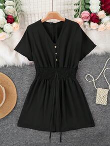 欧美风女款V领纯色蝙蝠翼短靴配纽扣连体裤 - 黑色 - 查看 4