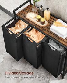 VASAGLE Laundry Hamper, Laundry Basket, Laundry Sorter With 3 Pull-Out And Removable Bags, Shelf, Metal Frame, 3 X 10.6 Gallons (40 L), 36.4 X 13 X 28.4 Inches - 黑色+鄉村棕 - 查看 3