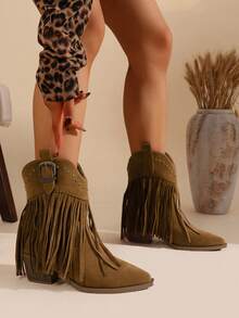 Western Style Boho Buckle Decor Fringe Rivet Wedge Slip-On Loafers, Versatile Western Ankle Boots, Solid Color Boots - Dark Brown - View 6