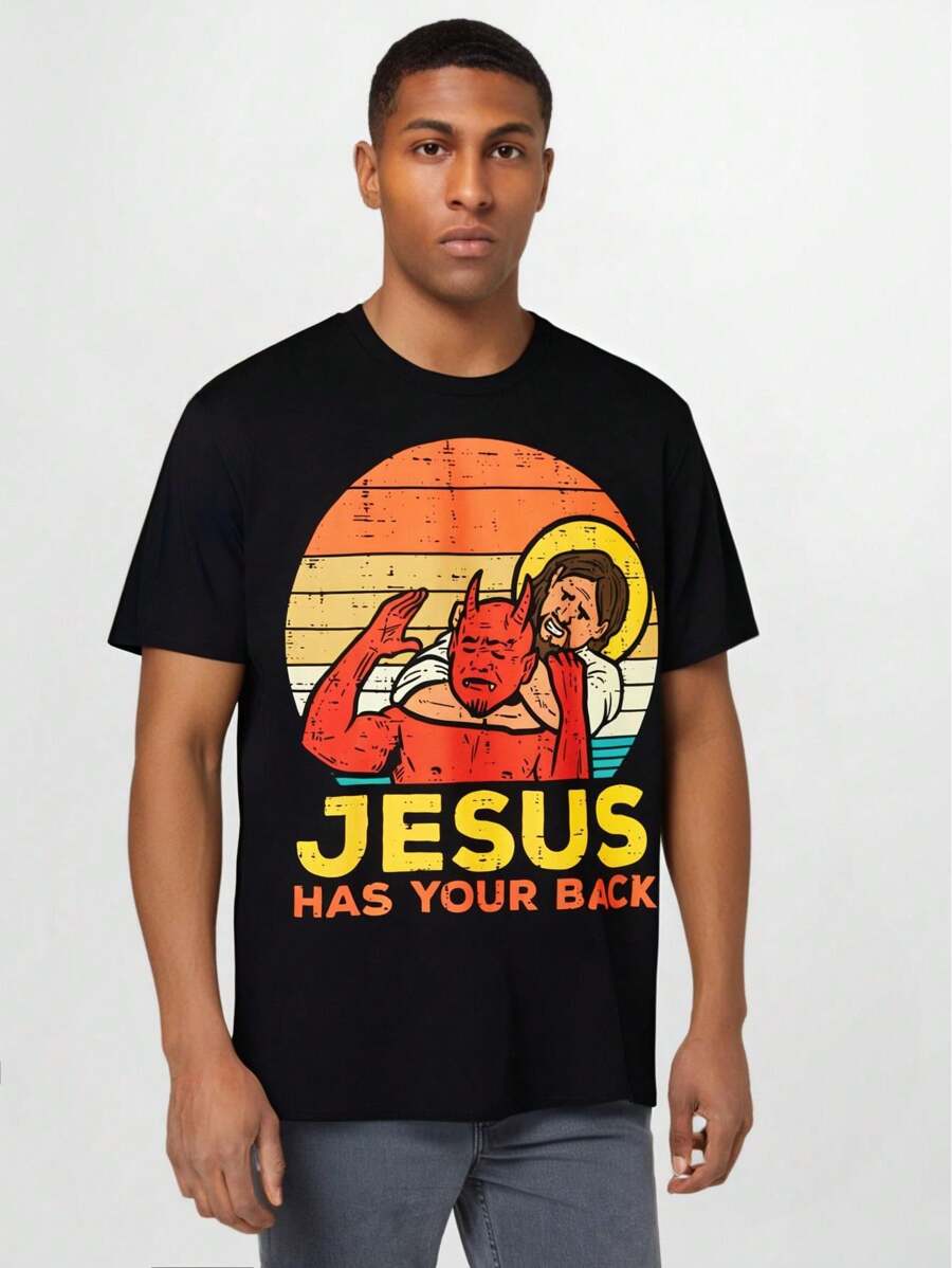 Jesus Has Your Back Jesus Retro Christian Men T-Shirt Selected Pure Cotton Interesting Design Short Sleeve T-Shirt For Men, Soft And Breathable, Suitable For All Seasons, Comfortable, Casual And Sports