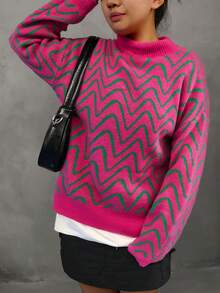 Pull-over femme à col rond, motif vague et clash fluorescent en laine tricotée, col montant