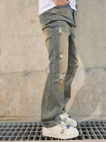 男士复古破洞宽松直筒牛仔裤 - 銅色 - 查看 2