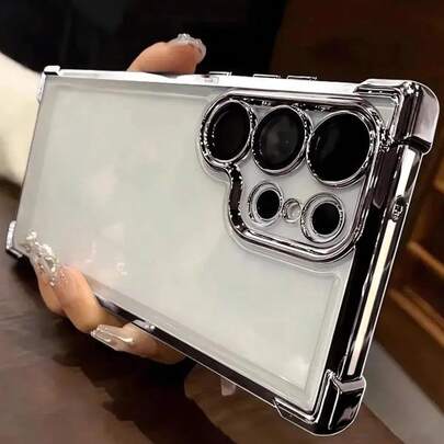 （带镜头保护膜）1 件简约手机壳、太空壳、防震/TPU 硅胶软边高端保护套、防尘加固角豪华手机壳适用于三星 Galaxy 和电镀 + TPU 硅胶软边全覆盖女士/男士高端保护壳适用于 OPPO 防水防摔防刮