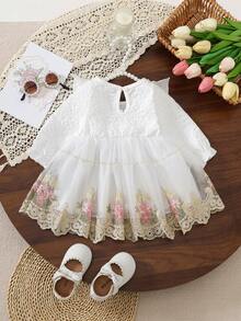 1pc Baby Girl Elegant White Jacquard Long Sleeve Dress With Bow Decor And Embroidery, Mesh Fabric, Suitable For Spring/Autumn - White - View 3
