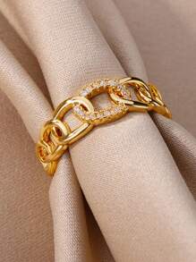 1 Pc Vintage Cubic Zirconia Cuban Chain Ring For Women Gold Color Stainless Steel Geometric Ring Wedding Engagement Party Jewelry Christmas Gift