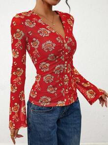 Women Floral Mesh V Neck Long Sleeve Button Down Ruched Shirt Fitted Sexy Boho Blouse Tops Outfits - Red - View 4