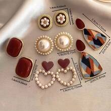 Juego de 5 Pares de Pendientes de Moda para Mujer| Pendientes de Perlas de Imitación Estilo Hong Kong Vintage en Rojo Vino, Chapados en Oro KC, Ideales para Uso Diario y Regalos de San Valentín - Cinco pares - Ver 6