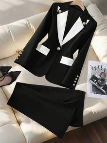 1 Set Women's Contrast Color Patchwork Fashionable Blazer Jacket And Pants Suit Spring - Multicolor - View 8
