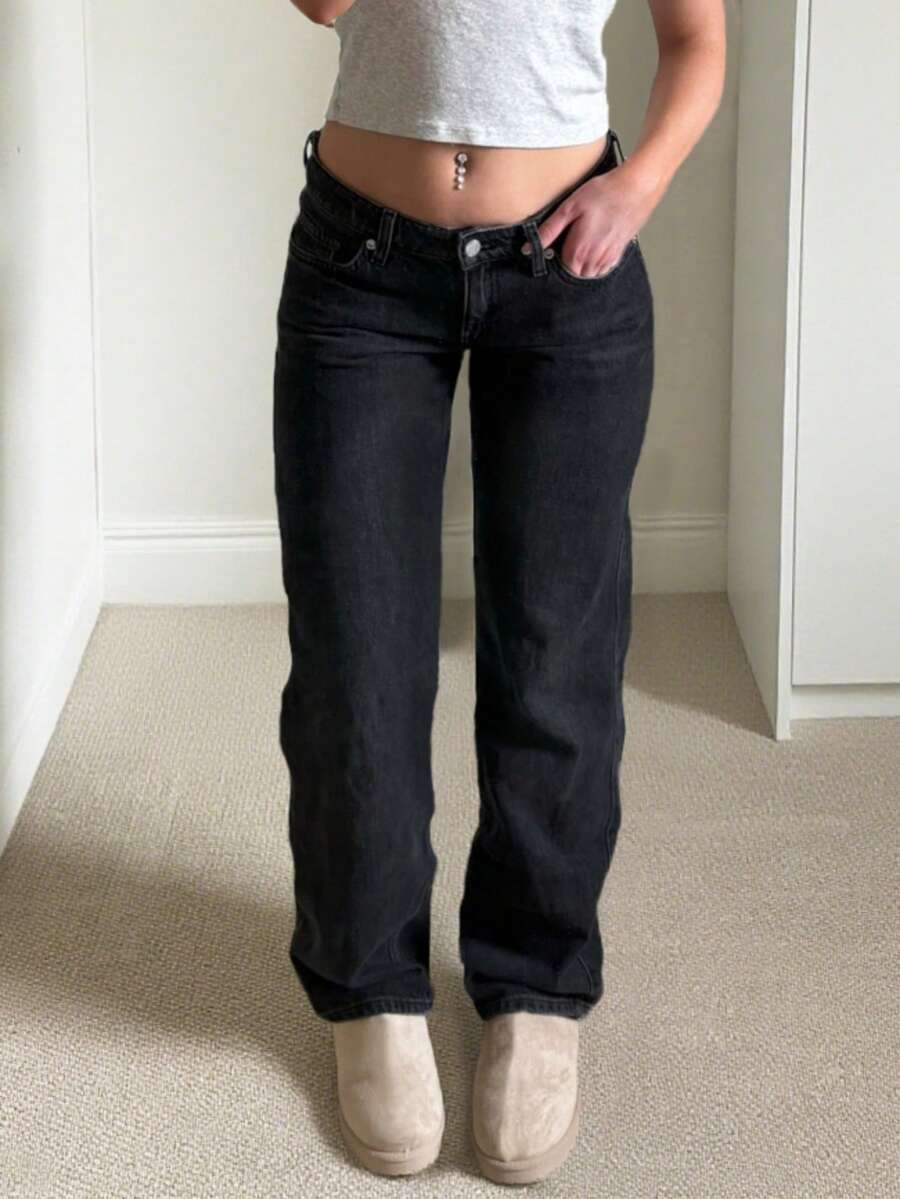 低腰直筒牛仔裤，Y2K做旧宽松水洗休闲校园风女款，黑色 - 黑色 - 查看 1