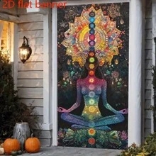 1 pieza Cortina de puerta bohemia de poliéster colorida de meditación de chakra, multiusos, adecuada para vacaciones, Pascua, todo propósito, sin electricidad requerida, pancarta 2D de primavera/verano, se adapta a la decoración de cualquier habitación