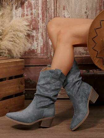 2025 秋冬女士尖头粗跟西部牛仔中筒靴
